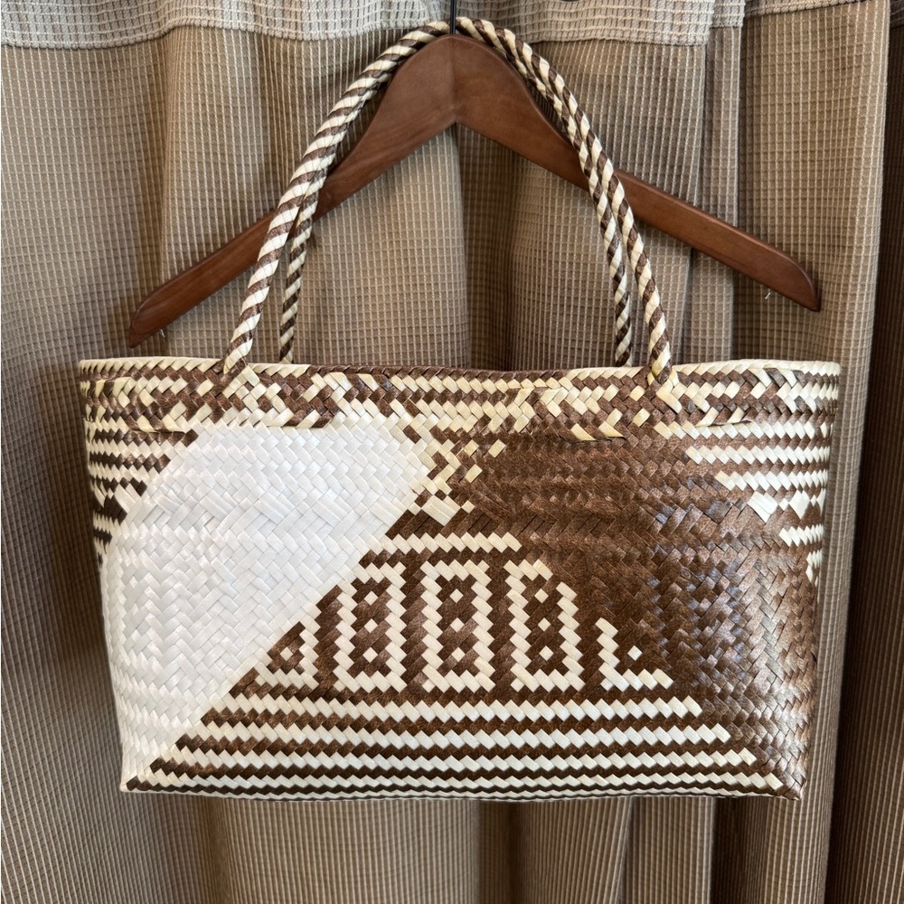 Geometric Brown and White Tote Bag with Rope Handles